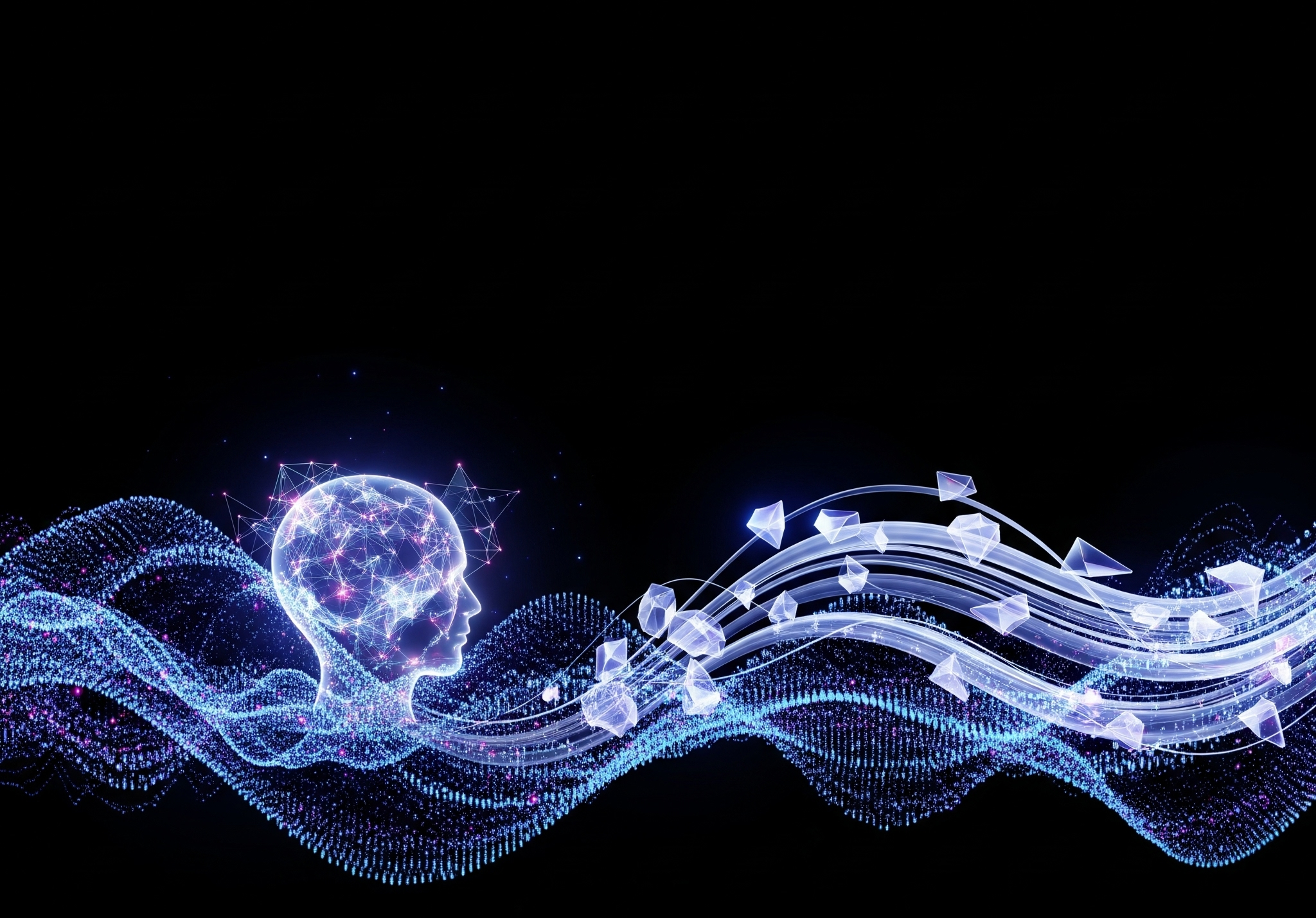 Futuristic AI brain with flowing data streams and neural network connections